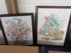 TWO FRAMED EMBROIDERY PICTURES OF FLOWERS AND FURTHER SMALL PICTURE OF FLOWERS IN WOODEN FRAME