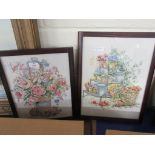 TWO FRAMED EMBROIDERY PICTURES OF FLOWERS AND FURTHER SMALL PICTURE OF FLOWERS IN WOODEN FRAME