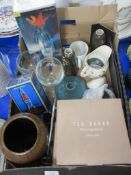 MIXED LOT OF GLASS WARE, STUDIO POTTERY TYPE VASE AND PORTMEIRION MUFFIN DISH AND COVER (QTY)