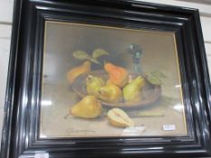 WATERCOLOUR OF A STILL LIFE OF PEARS IN A BOWL IN BLACK FRAME