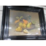 WATERCOLOUR OF A STILL LIFE OF PEARS IN A BOWL IN BLACK FRAME