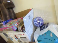 BOX CONTAINING VARIOUS BAKING RELATED BOOKS, TOYS ETC TOGETHER WITH A MIRROR BALL, BOARD GAME ETC
