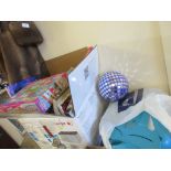 BOX CONTAINING VARIOUS BAKING RELATED BOOKS, TOYS ETC TOGETHER WITH A MIRROR BALL, BOARD GAME ETC