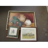 THREE FRAMED PICTURES INCLUDING WATERCOLOUR OF WIVERTON CHURCH, OIL ON BOARD STILL LIFE AND A