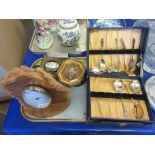 TRAY CONTAINING MIXED COLLECTABLES INCLUDING CLOCKS, CUTLERY SET