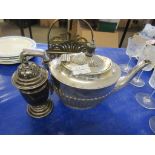 MAPPIN & WEBB SILVER PLATED TEA POT TOGETHER WITH A SILVER PLATED SUGAR CASTER