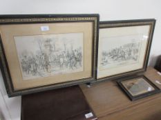 TWO FRAMED HUNTING PRINTS AFTER STURGESS WIDTH OF EACH INCLUDING FRAME APPROX 55CM TOGETHER WITH A