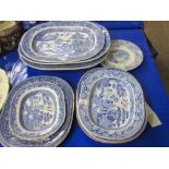 GROUP OF TRANSFER PRINTED WILLOW PATTERN PLATTERS