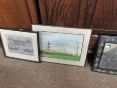 FRAMED WATERCOLOUR SIGNED ROBERT E ALDRIDGE OF A LIGHTHOUSE (PROB HAPPISBURGH) WIDTH INCLUDING FRAME