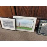 FRAMED WATERCOLOUR SIGNED ROBERT E ALDRIDGE OF A LIGHTHOUSE (PROB HAPPISBURGH) WIDTH INCLUDING FRAME