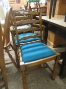 SET OF SIX UPHOLSTERED LADDER BACK DINING CHAIRS