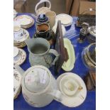 QUANTITY OF VARIOUS DECORATIVE CHINA INCLUDING TEA POTS, ROYAL DOULTON SILVER RIMMED STONEWARE