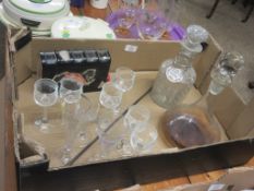 GROUP OF GLASS WARES INCLUDING SHIPS DECANTER, CUT GLASS DECANTER, FLASK