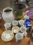QUANTITY OF CHINA INCLUDING STUDIO POTTERY VASES, A HONITON CAMPANA TYPE VASE AND VARIOUS MUGS