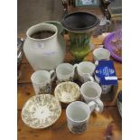 QUANTITY OF CHINA INCLUDING STUDIO POTTERY VASES, A HONITON CAMPANA TYPE VASE AND VARIOUS MUGS