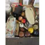 BOX CONTAINING MIXED COLLECTABLES INCLUDING VINTAGE PASCALL AND JACOB TINS, FOLEY MUSTARD POT ETC