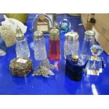 GROUP OF SUGAR SIFTERS WITH PLATED WHITE METAL TOPS AND An ART DECO STYLE PERFUME FLASK AND A