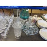SMALL SELECTION OF GLASS WARE INCLUDING DECANTER, LARGE COLOURED VASE ETC, LARGEST VASE APPROX 37CM