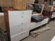 BEDROOM SUITE COMPRISING 1970’S CHEST OF DRAWERS APPROX 66CM TOGETHER WITH A LOW DRESSING TABLE