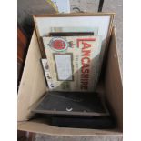 BOX VARIOUS FRAMED CIGARETTE CARDS, PRINTS ETC