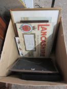 BOX VARIOUS FRAMED CIGARETTE CARDS, PRINTS ETC