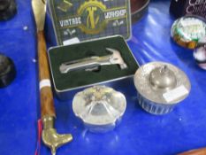 VINTAGE WORKSHOP HAMMER, SILVER DISH HALLMARKED LONDON PLUS OTHER ITEMS