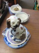 STAFFORDSHIRE FIRESIDE FIGURE OF A SPANIEL TOGETHER WITH VARIOUS PLATES ETC