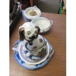 STAFFORDSHIRE FIRESIDE FIGURE OF A SPANIEL TOGETHER WITH VARIOUS PLATES ETC