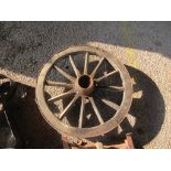 METAL RIMMED WOODEN WHEEL DIAMETER APPROX 59CM