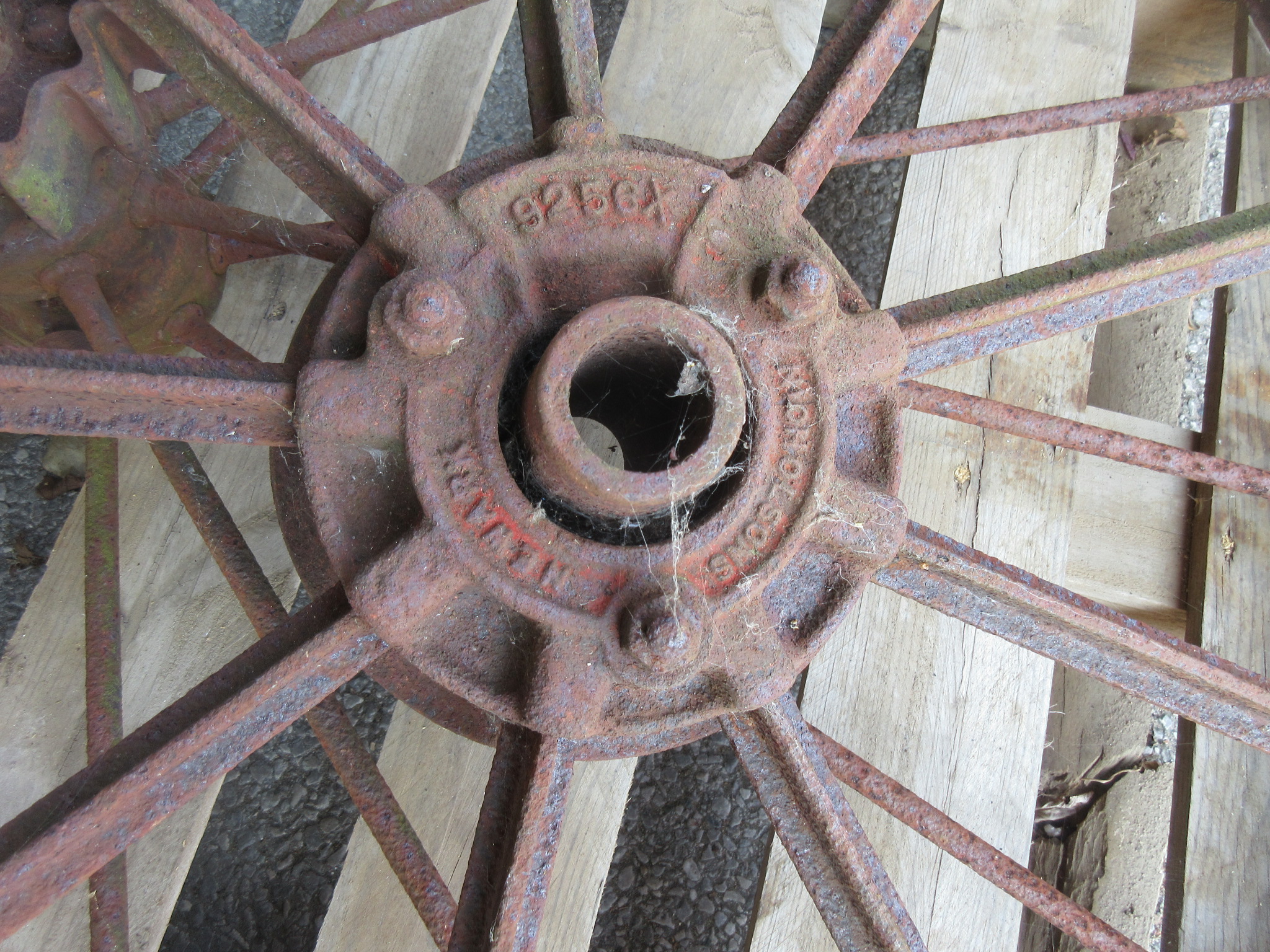 TWO VERY LARGE VINTAGE IRON WHEELS ONE NAMED FOR NICHOLSONS NEWARK NUMBERED 925X PROBABLY FROM - Image 2 of 2