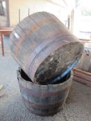 PAIR OF HALF BARREL WOODEN PLANTERS EACH APPROX 66CM DIAMETER