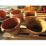 SELECTION OF FOUR VARIOUS TERRACOTTA PLANTERS THE LARGEST DIAMETER APPROX 43CM