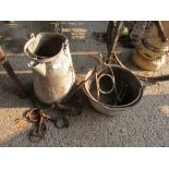 QTY VINTAGE BYGONES INCLUDING A GALVANISED MILK JUG, APPROX 36CM COOKING POT ETC