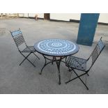 MOSAIC DECORATED VINTAGE METAL PATIO TABLE APPROX 90CM DIAMETER TOGETHER WITH TWO MATCHING FOLDING