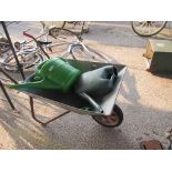 GALVANISED WHEEL BARROW TOGETHER WITH TWO PLASTIC WATERING CANS