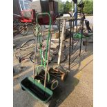 TWO VINTAGE PUSH MOWERS TOGETHER WITH A PLASTIC SEED/LAWN SPREADER