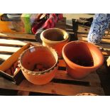 THREE VARIOUS VINTAGE TERRACOTTA PLANTERS THE LARGER APPROX 34CM DIAMETER TOGETHER WITH A QTY OF