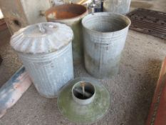 VINTAGE GALVANISED BIN AND LID TOGETHER WITH TWO FURTHER GALVANISED BINS AND A CHICKEN FEEDER (AF)