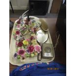 TRAY SILVER PLATED MIRROR AND BRUSH AND TRINKET BOX TOGETHER WITH COLEPORT FINEBONE CHINA