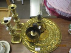 BRASS PLATER TOGETHER WITH A SMALL OIL LAMP, BELL ETC