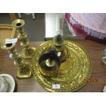 BRASS PLATER TOGETHER WITH A SMALL OIL LAMP, BELL ETC