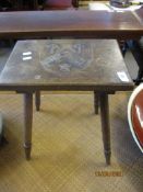 SMALL TABLE ON TURNED LEGS CARVED WITH CREST LGTH APPROX 35CM