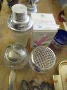 CUT GLASS SILVER PLATED WARES, SILVER PLATED BOWLS, FLASK ETC