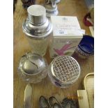 CUT GLASS SILVER PLATED WARES, SILVER PLATED BOWLS, FLASK ETC