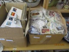 BOX OF 1ST DAY ISSUE STAMP COVERS TOGETHER WITH A BOX OF CIGARETTE CARDS