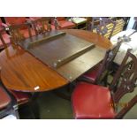 OVAL REPRODUCTION DINING TABLE TOGETHER WITH A SET OF SIX LEATHER UPHOLSTERED DINING CHAIRS