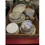 BOX CONTAINING VARIOUS CROCKERY INCLUDING INDIAN TREE ETC