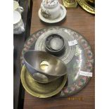PLATE TOGETHER WITH VARIOUS METAL WARES ETC INCLUDING A PAIR OF BRASS CANDLE STICKS