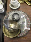 PLATE TOGETHER WITH VARIOUS METAL WARES ETC INCLUDING A PAIR OF BRASS CANDLE STICKS