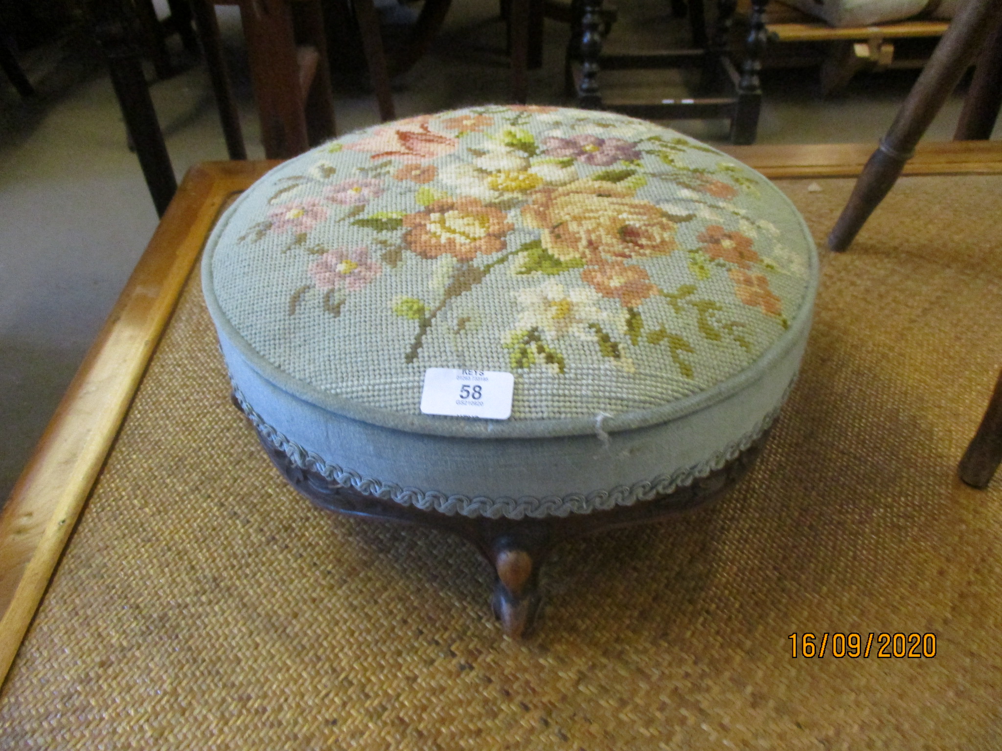 19TH CENTURY UPHOLSTERED FOOT STOOL APPROX 36CM DIAM